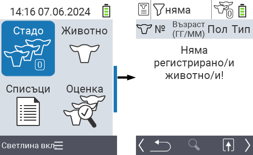 VitalControl: Главен пункт на менюто ‘Стадо’, няма регистрирани животни