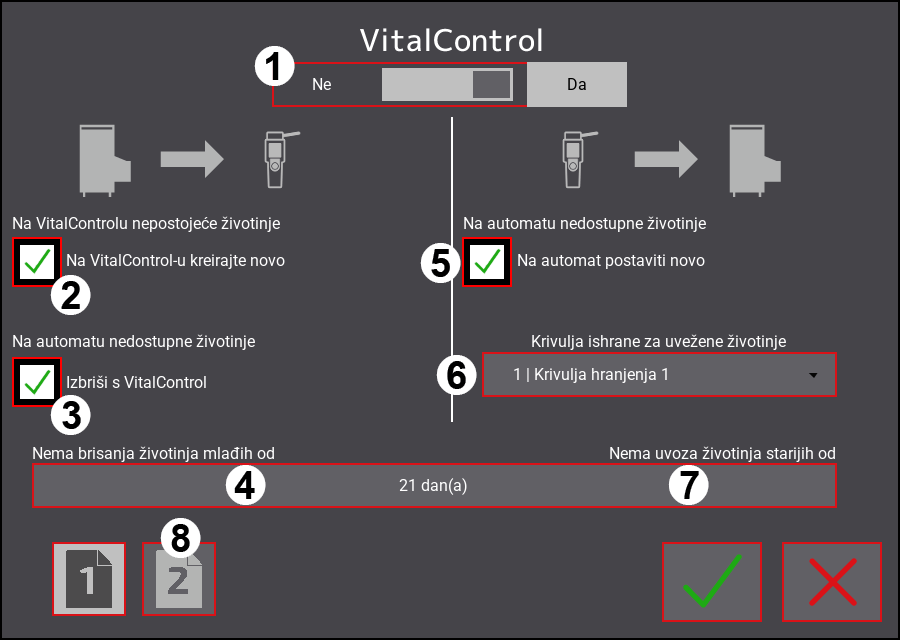 Izbornik postavki VitalControl: Stranica 1