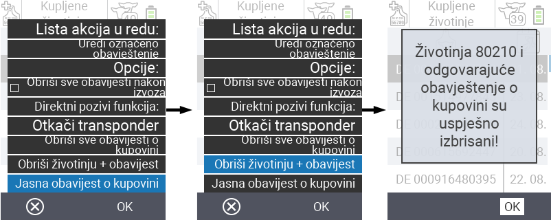 VitalControl: Lista kupljenih životinja, brisanje životinje + obavijest