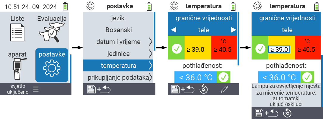 VitalControl: menu postavke praga i temperaturnih raspona