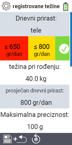 Stavke podmenija postavki za snimanje težine