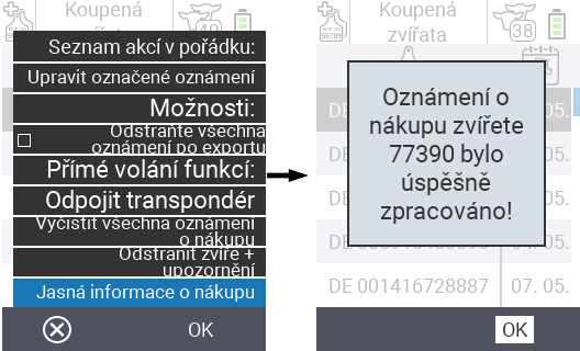VitalControl: List of purchased animals, clear notice of purchase