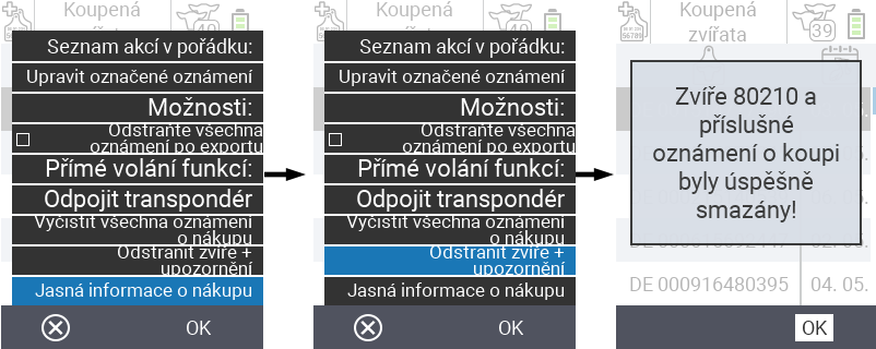 VitalControl: List of purchased animals, dele animal + notice