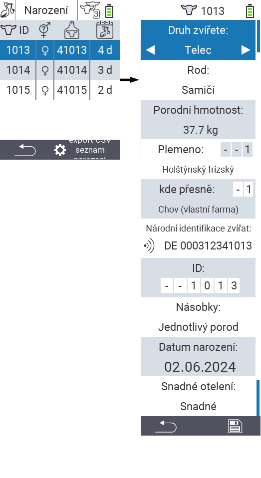 VitalControl: Menu Nové na farmě Narození