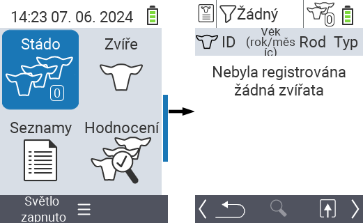 VitalControl: Hlavní položka menu ‘Stádo’, žádná zvířata nejsou registrována