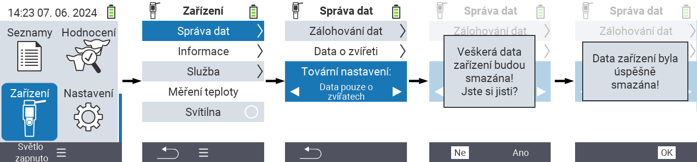 VitalControl: Cesta menu Resetování všech dat zařízení