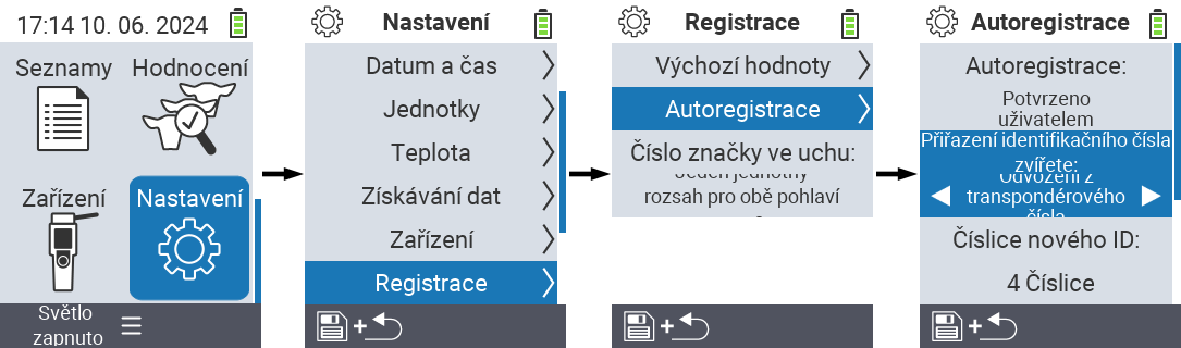 VitalControl: menu nastavení přiřazení ID zvířete