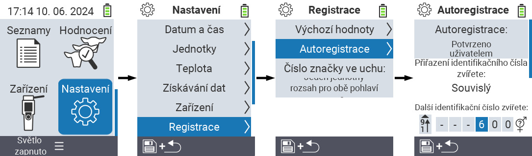 VitalControl: menu nastavení přiřazení ID zvířete