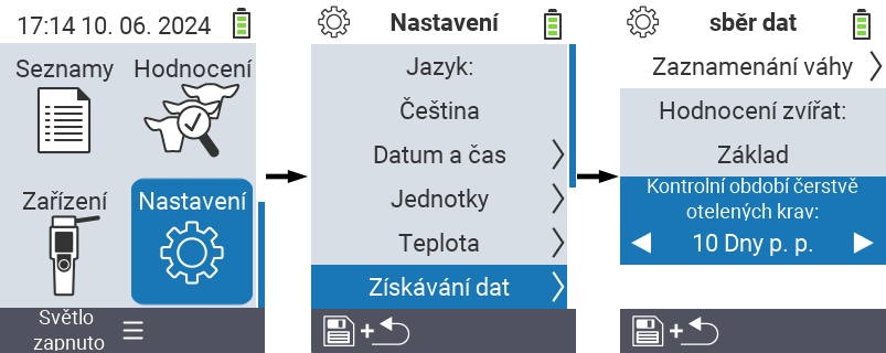 VitalControl: nastavení menu kontrolní období čerstvých krav