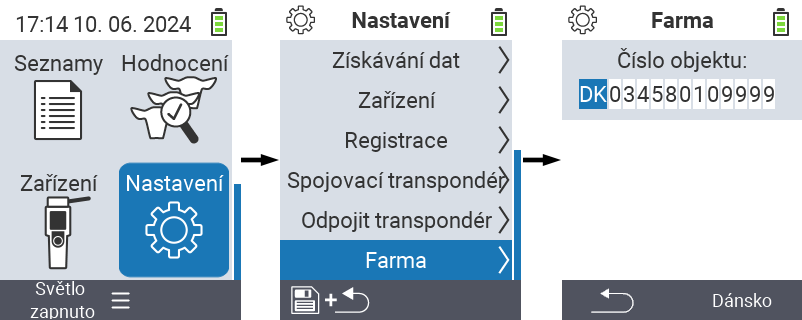VitalControl: Cesta menu pro nastavení čísla farmy