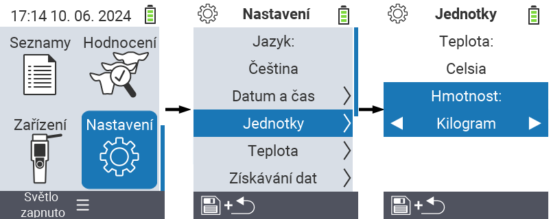 VitalControl: menu nastavení jednotky hmotnosti
