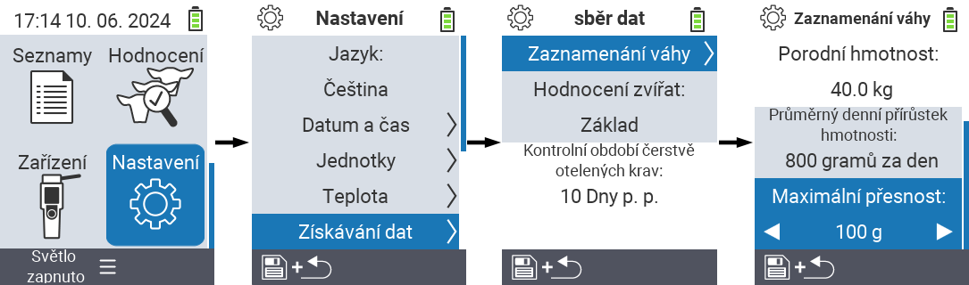 VitalControl: menu cesta nastavení maximální přesnost záznamu hmotnosti