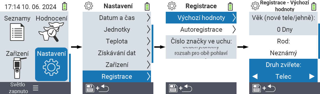VitalControl: menu nastavení typu zvířete