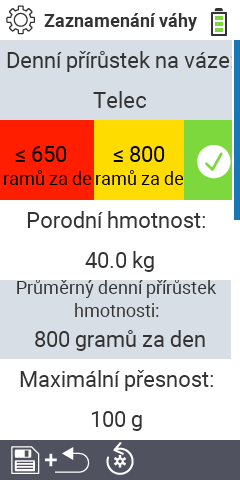 Položky podmenu nastavení pro záznam hmotnosti