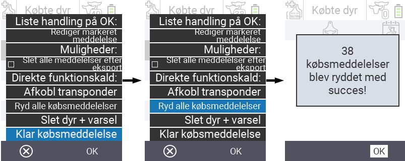 VitalControl: Liste over købte dyr, ryd købsmeddelelser