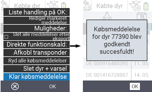VitalControl: Liste over købte dyr, ryd købsmeddelelse