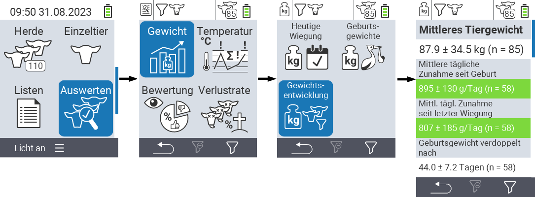 VitalControl: Menüfolge Auswertungen Gewichtsentwicklung