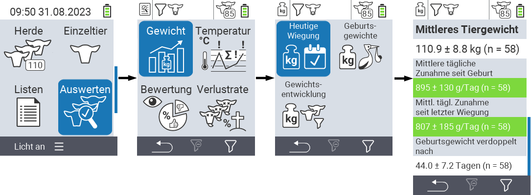 VitalControl: Menüfolge Auswertungen Heutige Wiegungen