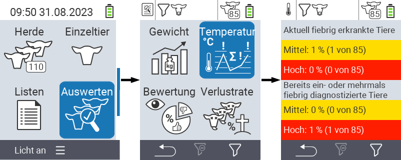 VitalControl: Menüfolge Auswertungen Temperatur auswerten