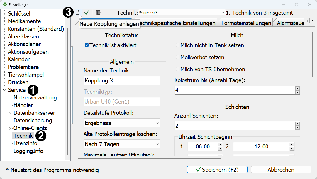 Herde Software: Einstellungen Technik aufrufen