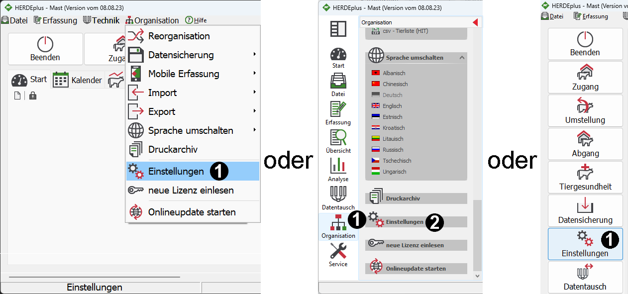 Herde Software: Aufruf des Einstellungsmenüs
