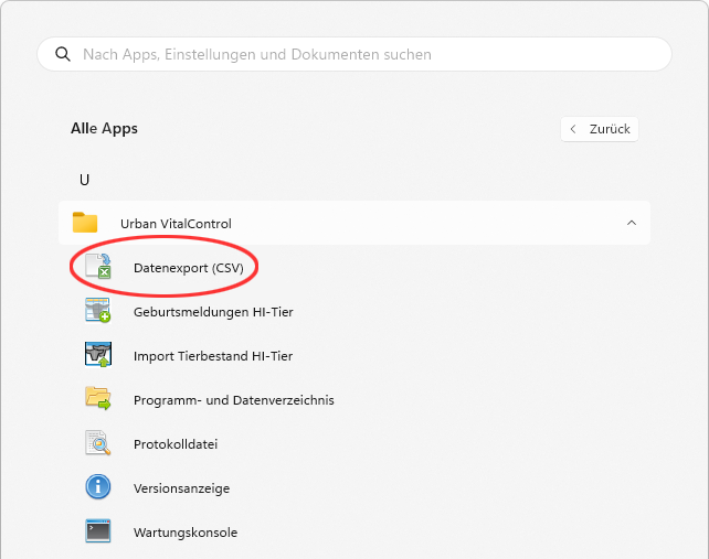 Windows Startmenü, Eintrag für Urban VitalControl (VCSynchronizer)