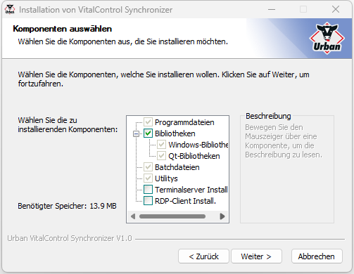 Installation VC-Synchronizer: Komponentenauswahl