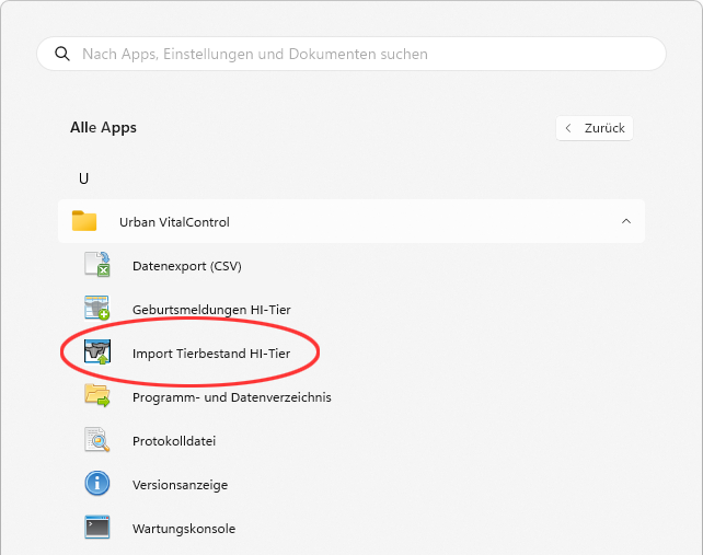 Windows Startmenü, Eintrag für Urban VitalControl (VCSynchronizer)