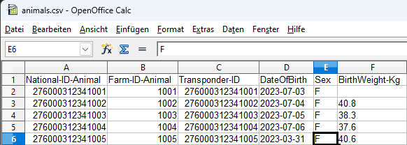 Exportierte Tierdaten, geöffnet in Tabellenkalkulationsprogramm