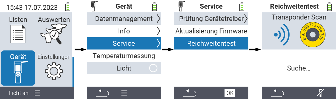 VitalControl: Menüfolge Reichweitentest RFID-Scanner