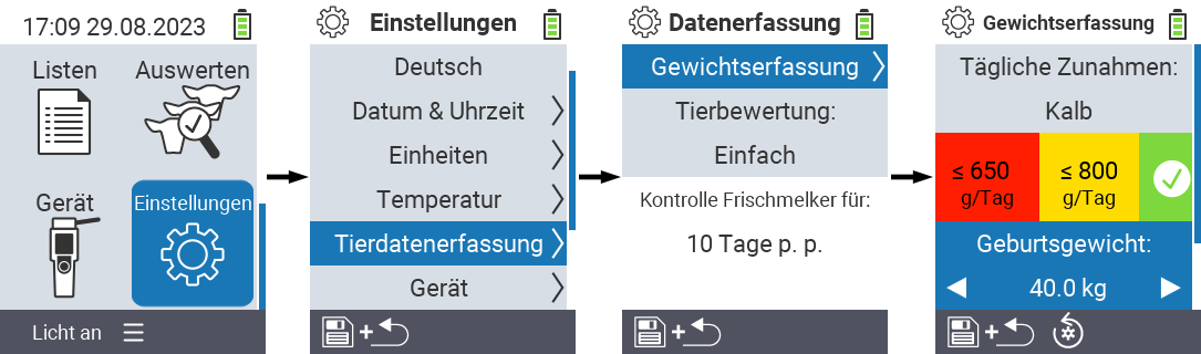 VitalControl: Menüfolge Einstellung Tierdaten Geburtsgewicht