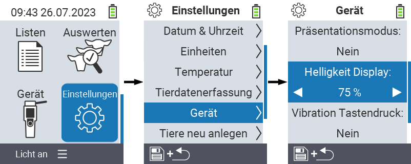 VitalControl: Menüfolge Einstellung Gerät Helligkeit Display