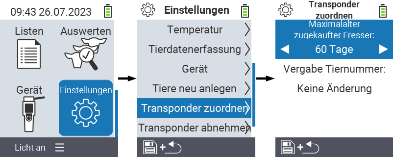 VitalControl: Menüfolge Einstellung Zuordnung Transponder Maximalalter zugekaufter Fresser