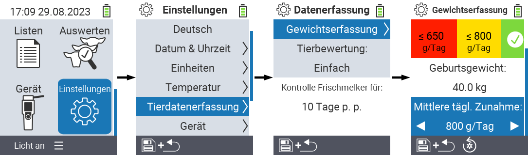 VitalControl: Menüfolge Einstellung Tierdaten Mittlere tägliche Zunahme
