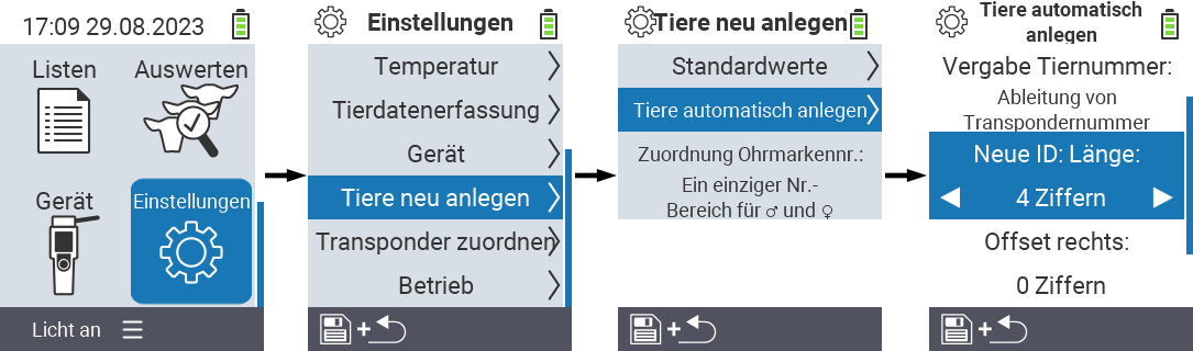 VitalControl: Menüfolge Einstellung Tiere neu anlegen Neue ID: Länge