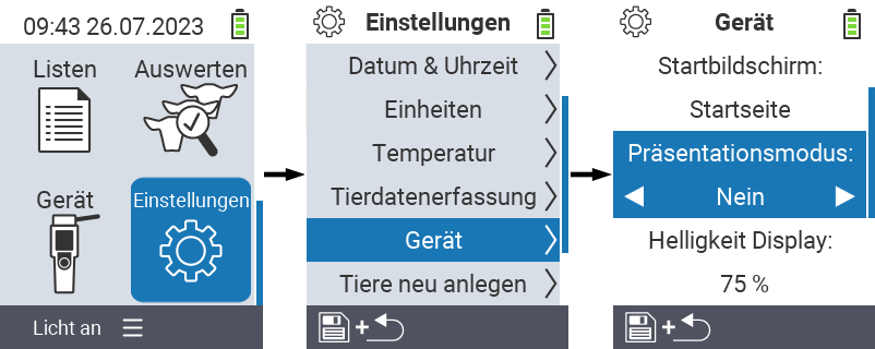 VitalControl: Menüfolge Einstellung Gerät Präsentationsmodus