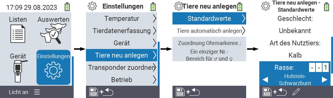 VitalControl: Menüfolge Einstellung Tiere neu anlegen Rasse