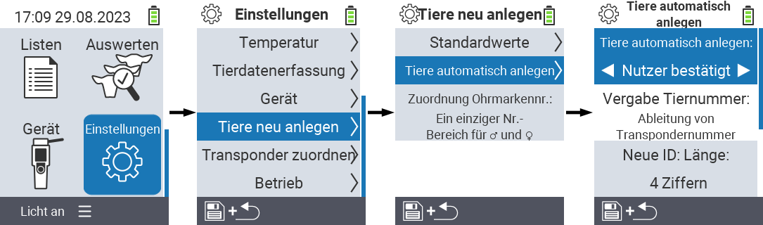VitalControl: Menüfolge Einstellung Tiere neu anlegen Tiere automatisch anlegen