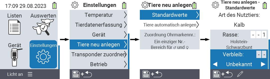 VitalControl: Menüfolge Einstellung Tiere neu anlegen Verbleib