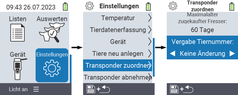 VitalControl: Menüfolge Einstellung Zuordnung Transponder Vergabe Tiernummern