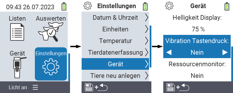 VitalControl: Menüfolge Einstellung Gerät Vibration bei Tastendruck