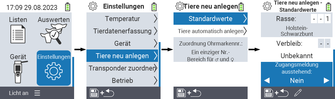 VitalControl: Menüfolge Einstellung Tiere neu anlegen Status Zugangsmeldung