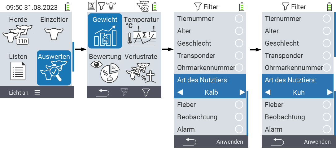 VitalControl: Menüfolge Auswertungen Filter einstellen