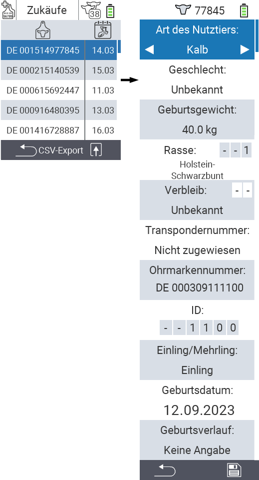 VitalControl: Menüfolge Zugänge Zukäufe