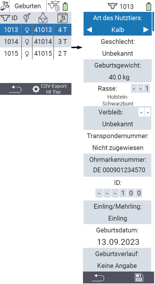 VitalControl: Menüfolge Zugänge Geburten