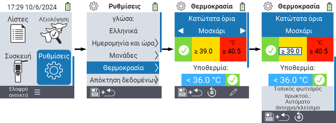 VitalControl: μενού ρυθμίσεων ορίων & εύρους θερμοκρασιών