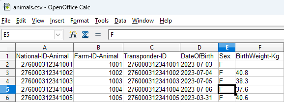 Exported animal data, opened in a spreadsheet program