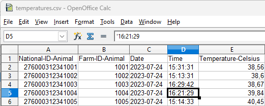 Export file with body temperature values, opened in spreadsheet program