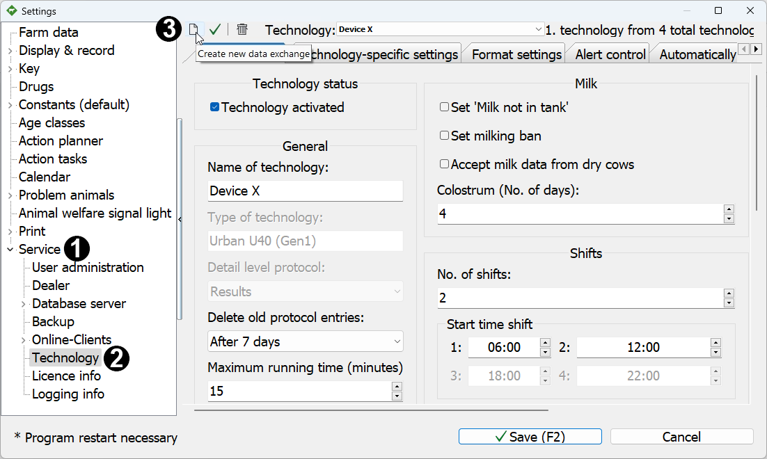 Software Herde: settings screen for technology
