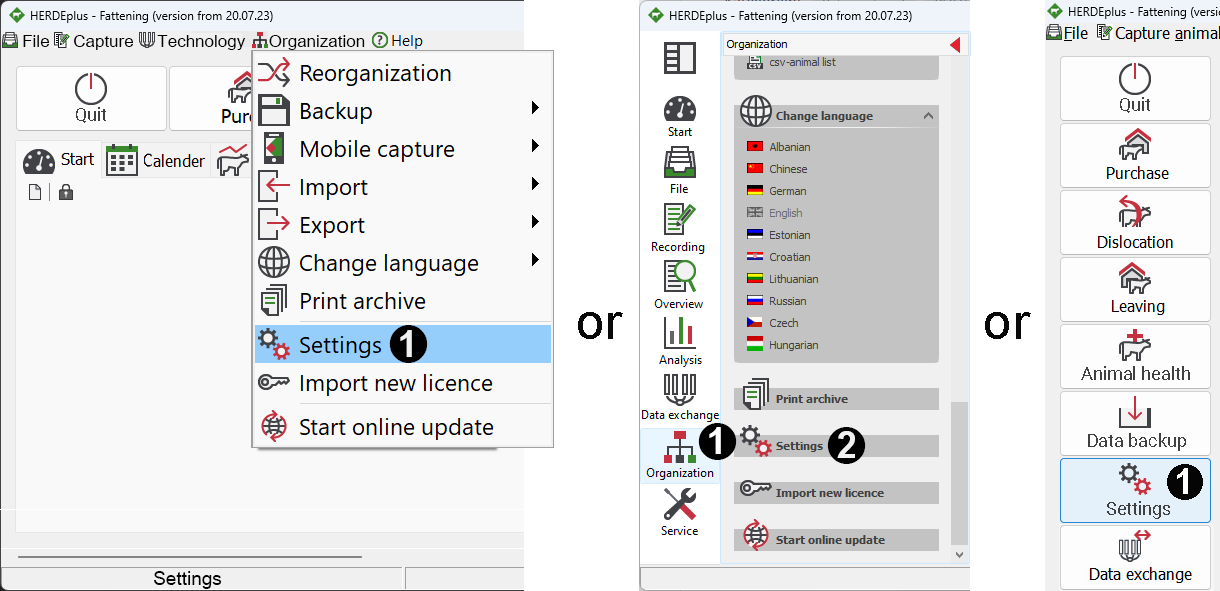 Software Herde: invocation of settings menu